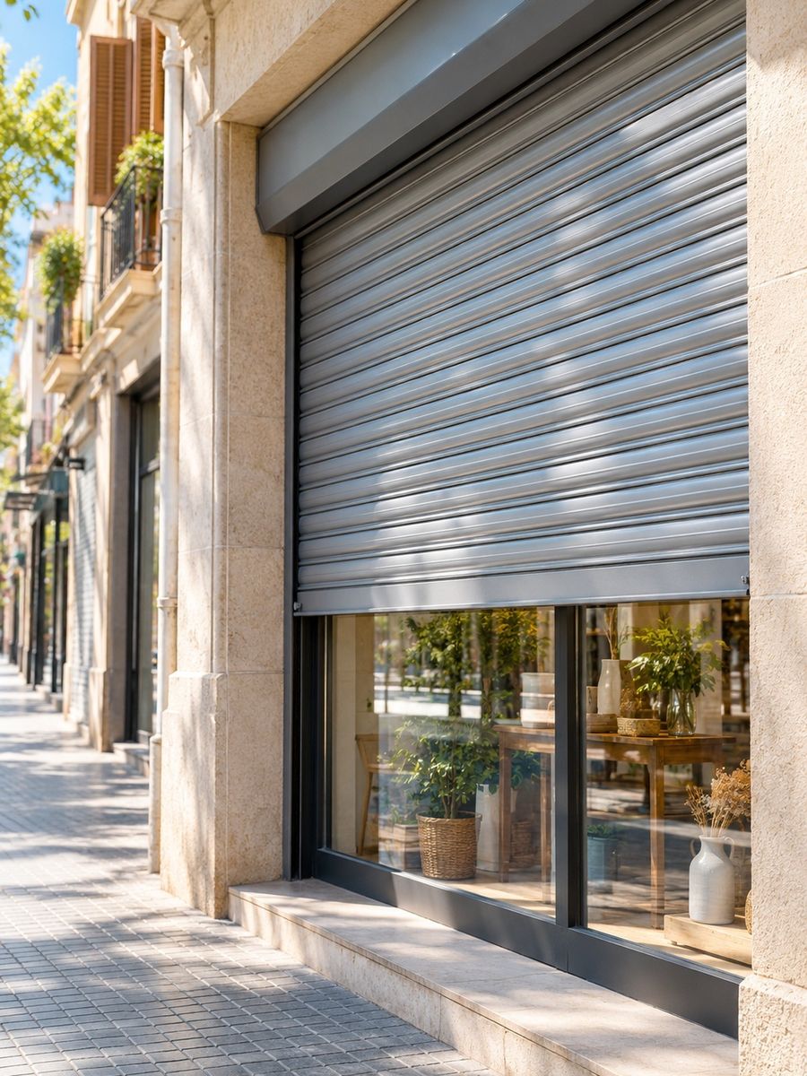 Persiana metálica de un comercio bajada a media altura sobre la acera de una calle con tiendas